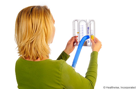 Person holding the spirometer level and out in front of her face.