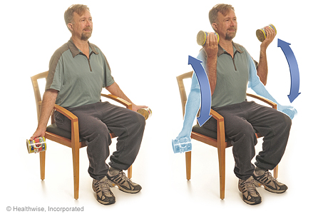 Seated exercise: Arm curls with soup cans
