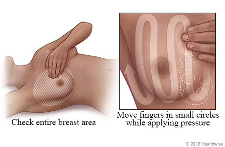 Woman doing breast self-examination using an up-and-down pattern