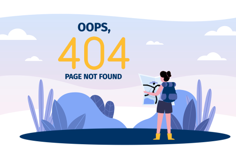 Person looking at a map with text in background that says page not found.