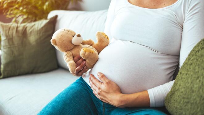 Pregnant person holding teddy bear near their belly