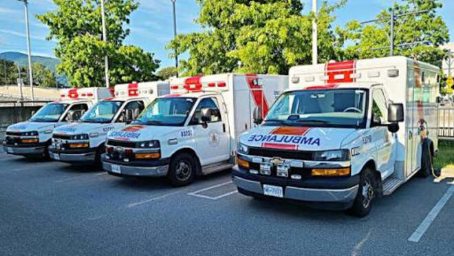 row of four ambulances
