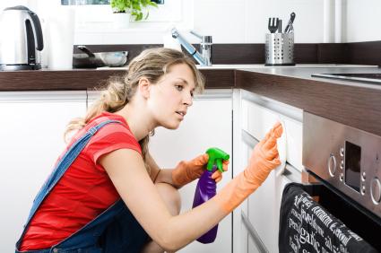 mom cleaning kitchen appliances and surfaces
