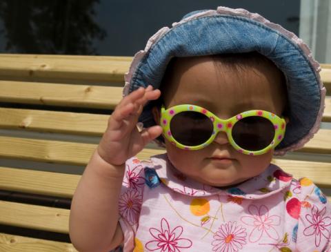 baby in the sun with hat and sunglasses on