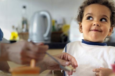 toddler wearing bib, about to be fed with spoon